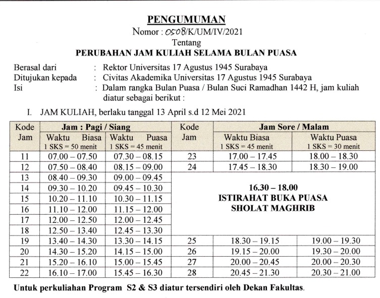 PERUBAHAN JAM KULIAH SELAMA BULAN PUASA TAHUN 2021