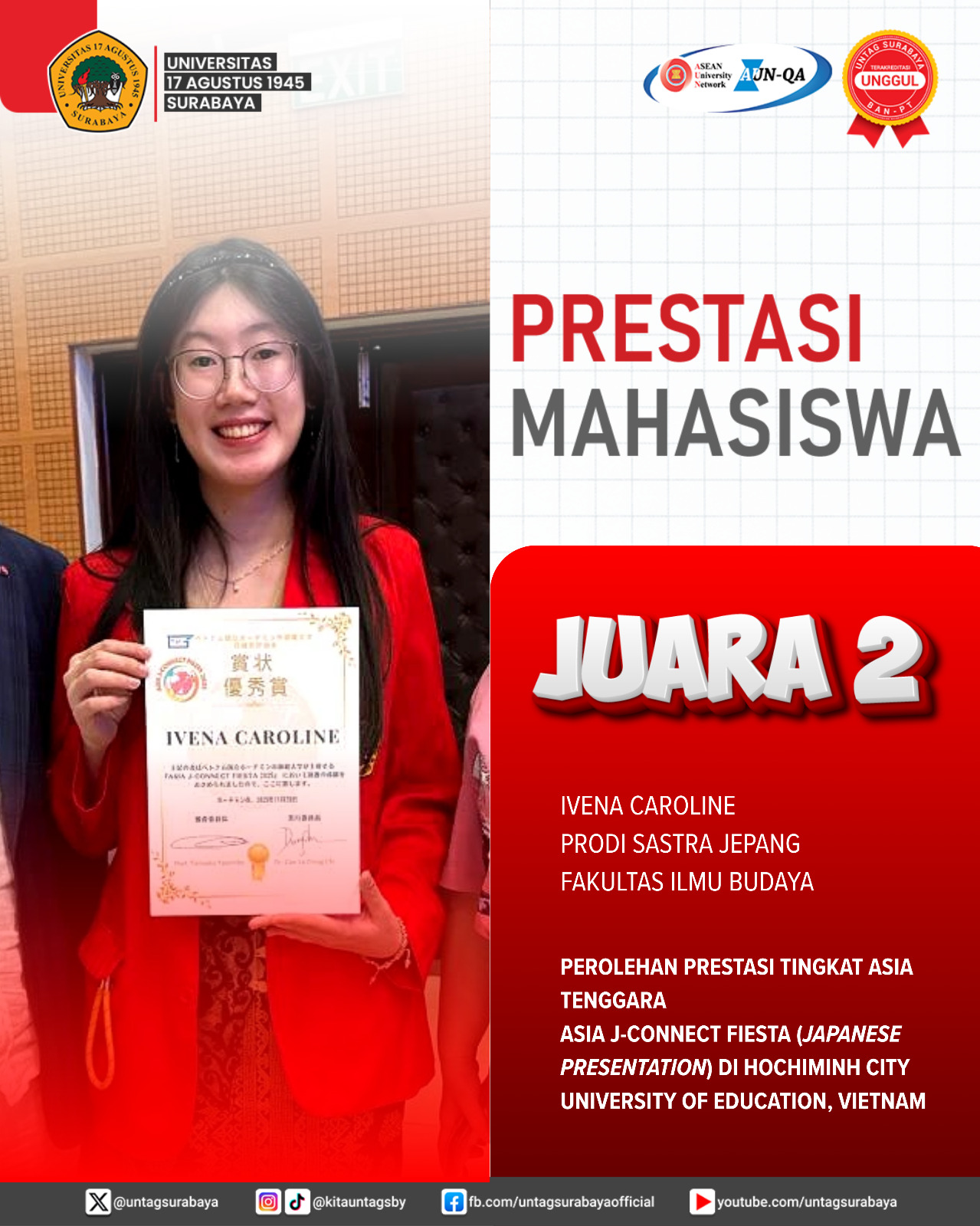 Selamat dan Sukses Ivena Caroline atas Perolehan Prestasi Internasionalnya pada Kegiatan Asia J-conn