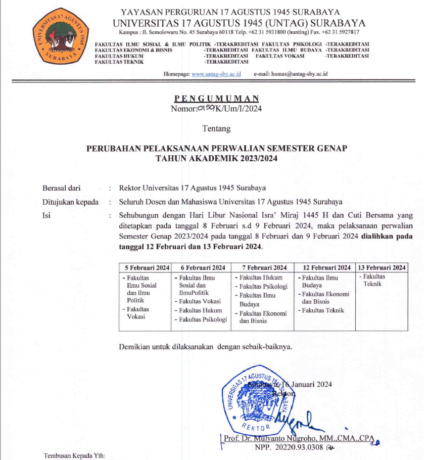 PERUBAHAN JADWAL PERWALIAN SEMESTER GENAP 2023/2024