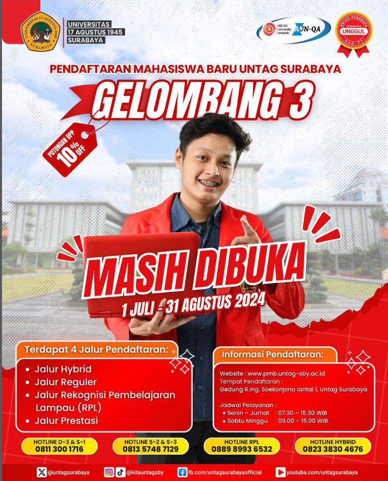 Pendaftaran Mahasiswa baru Untag Surabaya gelombang 3 Masih Dibuka