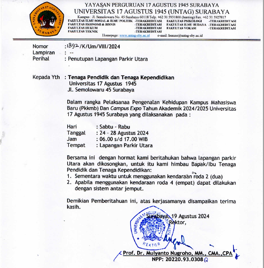 Pengumuman Penutupan Lapangan Parkir Utara dalam Rangka PKKMB dan Kampus Expo TA 2024/2025