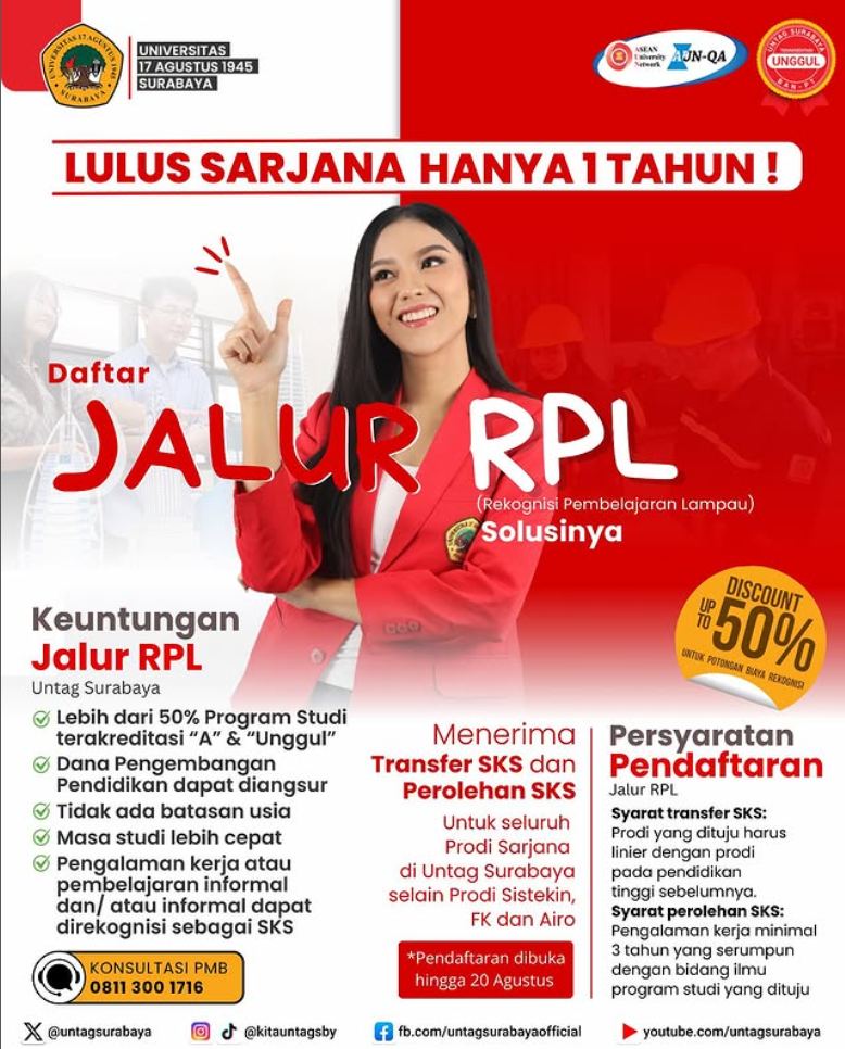 Lulus Sarjana Hanya 1 Tahun? Yuk Daftar Jalur RPL Untag Surabaya