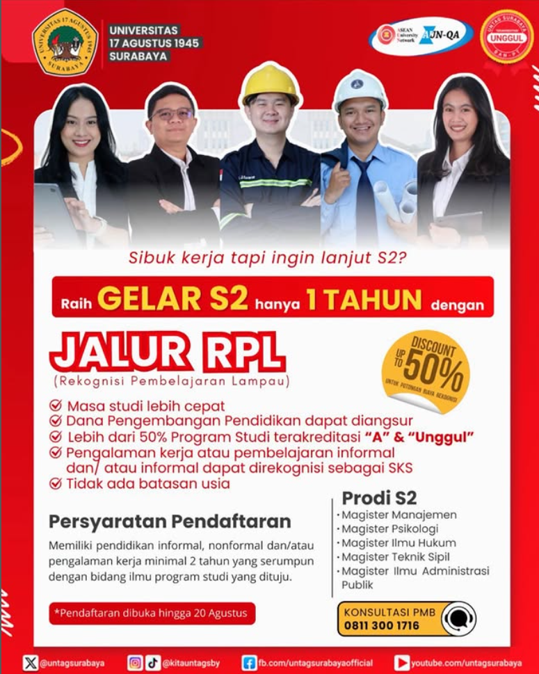 Raih Gelar S2 hanya dengan 1 Tahun melalui Jalur RPL Untag Surabaya