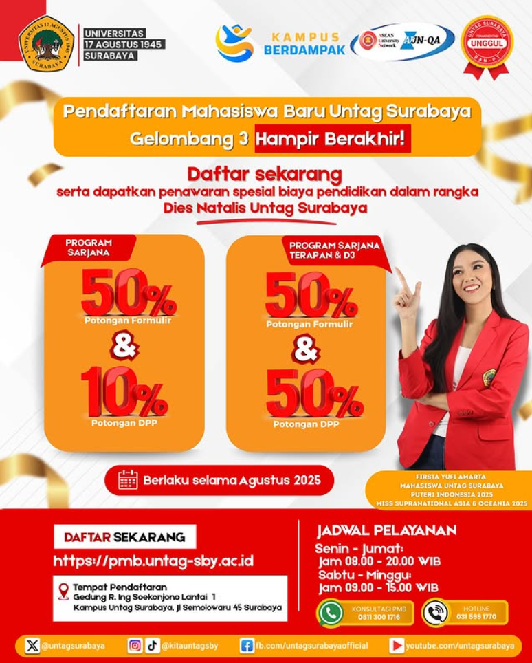 PMB Untag Surabaya Gelombang 3 Hampir Berakhir