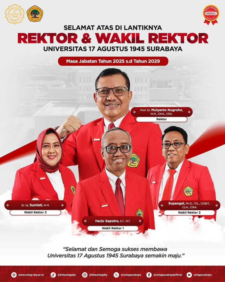 Selamat atas Dilantiknya Rektor dan wakil Rektor Untag Surabaya Periode 2025-2029