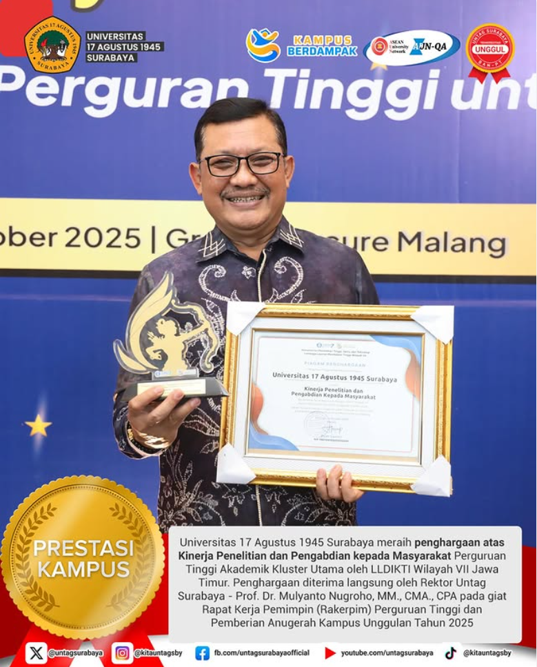 Selamat, Untag Surabaya Meraih Anugerah Kampus Unggulan kategori Kinerja Penelitian dan Pengabdian k