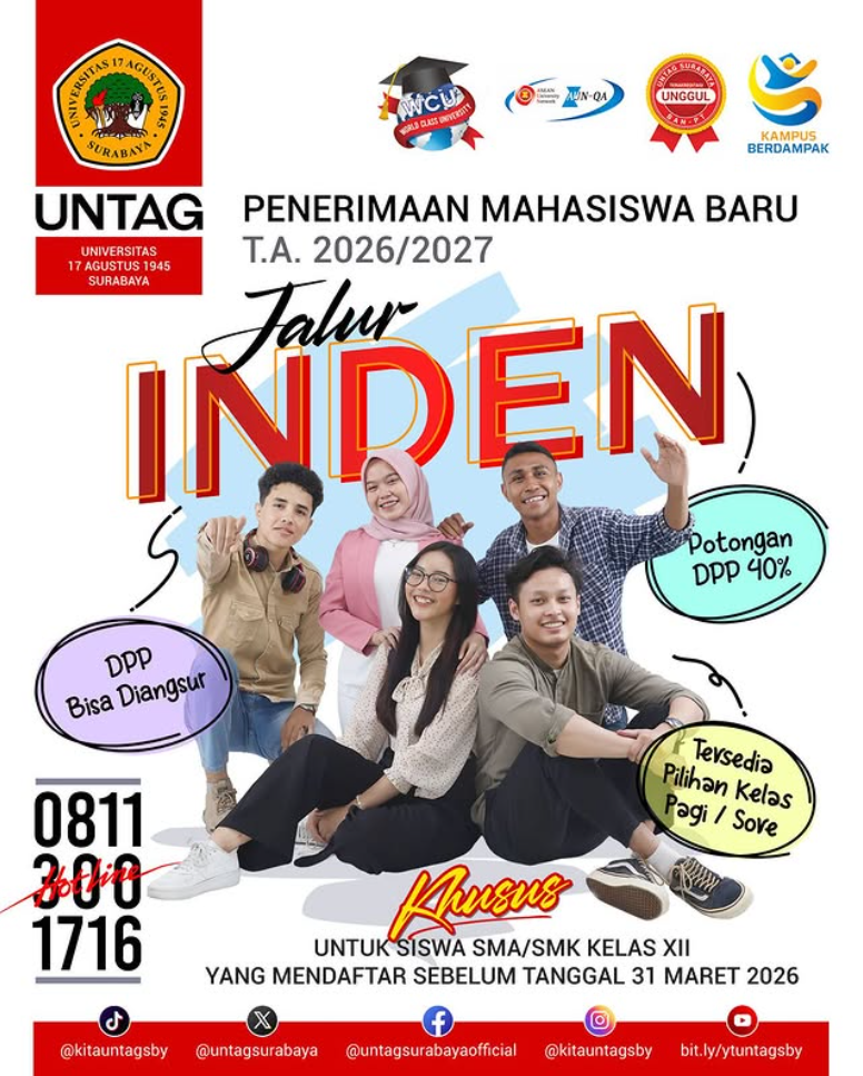 PMB Untag Surabaya TA 2026/2027 Jalur Inden