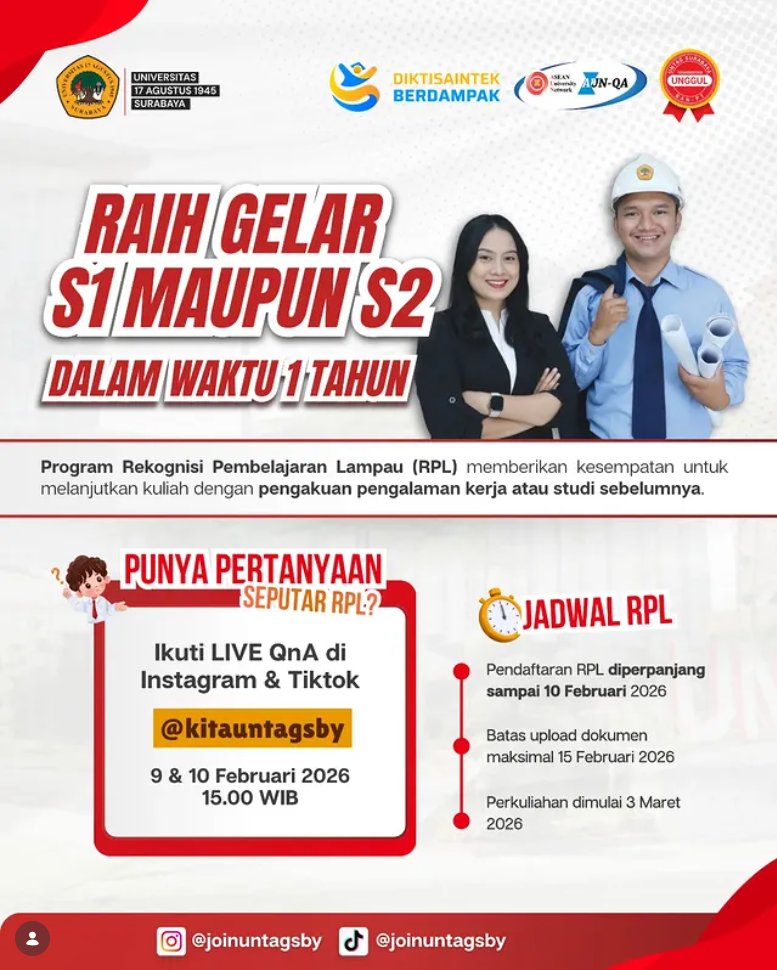 Raih Gelar S1 / S2 hanya dengan 1 Tahun melalui Jalur RPL Untag Surabaya