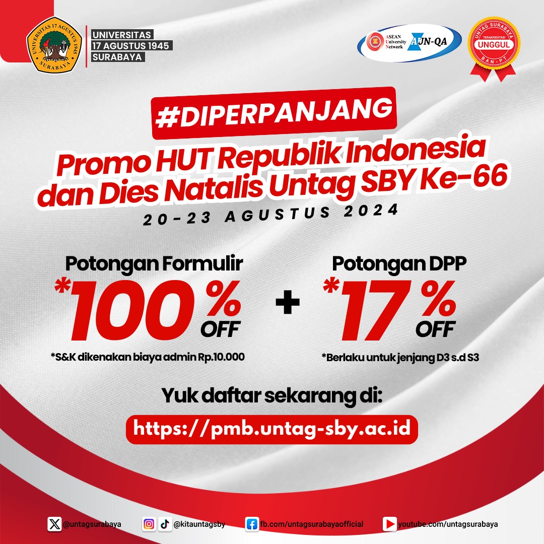 Promo Perpanjangan Pendaftaran Mahasiswa Baru dalam Rangka HUT RI ke-79 dan Dies Natalis Untag Sby